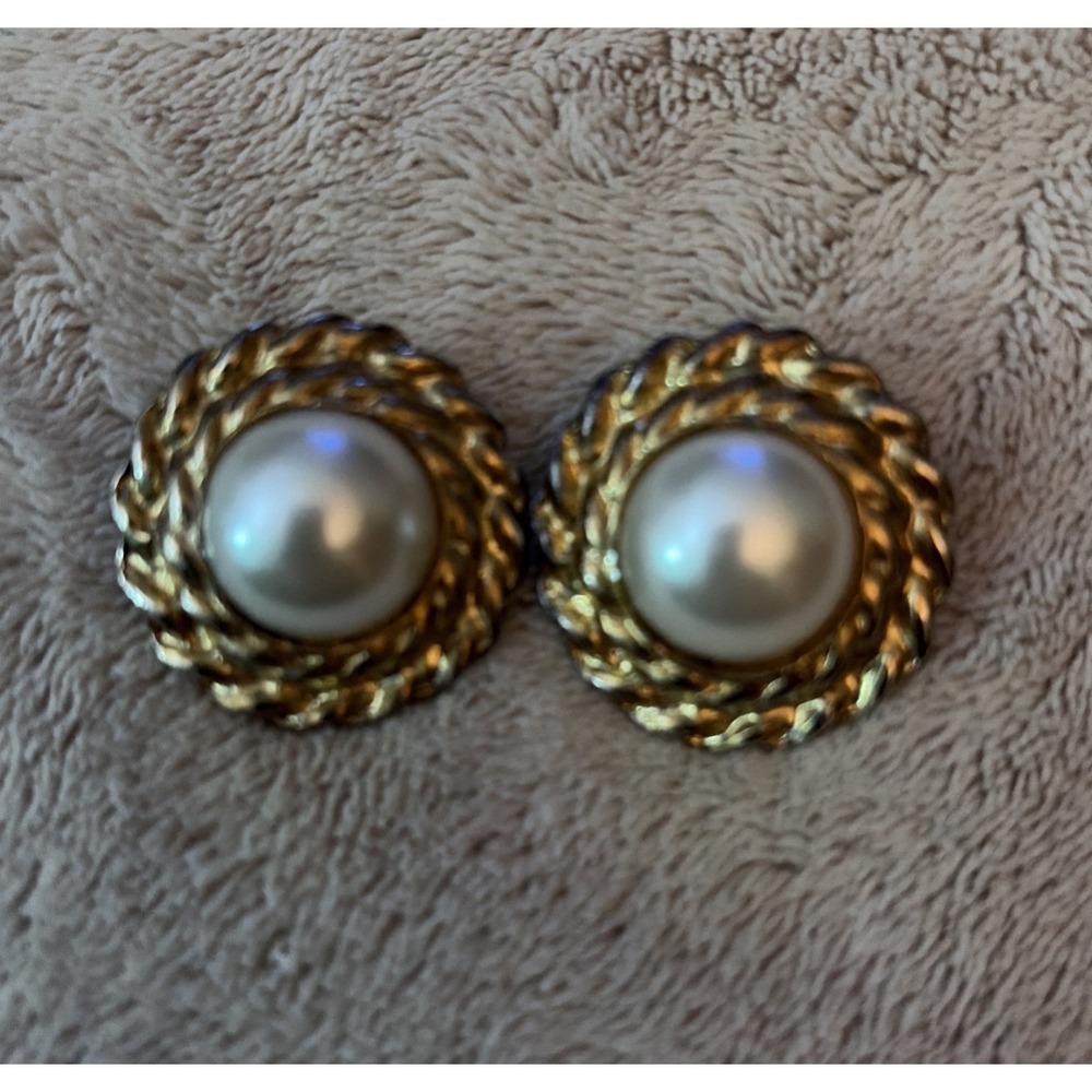 Rope Faux Pearl Earrings Clip on Gold Tone Couture Vintage 80' s‎